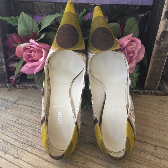 Miu Miu Gold Brown and Green Fabric High Heels Size 35 1/2 (but fit like size 6) - Picture 6 of 10